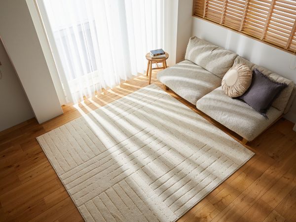 ナチュラルテイストのリビングにカーペットが敷いてある