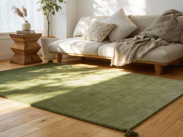 グリーンのウールラグとナチュラルインテリア