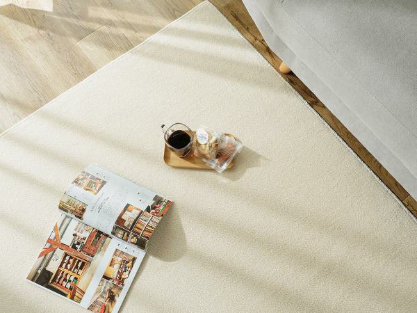 アイボリーのラグとグレーのソファ