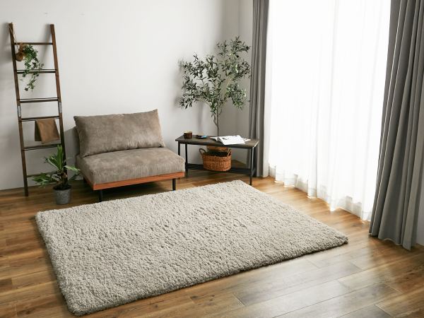 グレーのソファーとベージュのラグとナチュラルインテリア