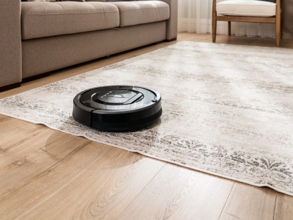 ルンバがめくれやすい薄いカーペットとアイボリーのソファ