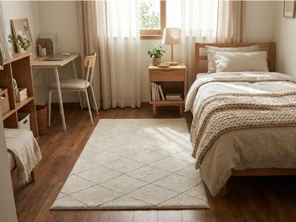 ラグが敷かれた一人暮らしのナチュラルな部屋