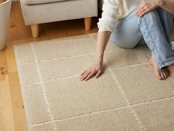 洗濯できるオーガニックコットンラグの上に座る女性