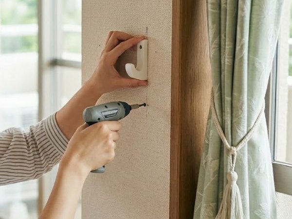 カーテンタッセルを取り付けるのに必要な房掛けを自分で取り付ける女性