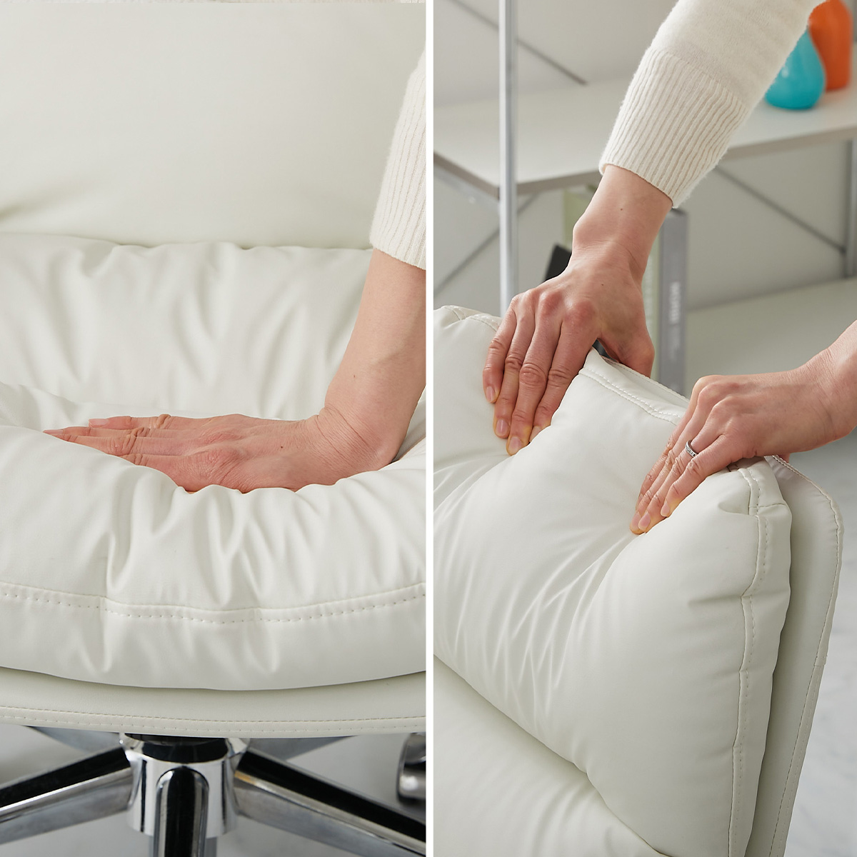 座面を手で押したり、背もたれをギュッと掴んでいる様子