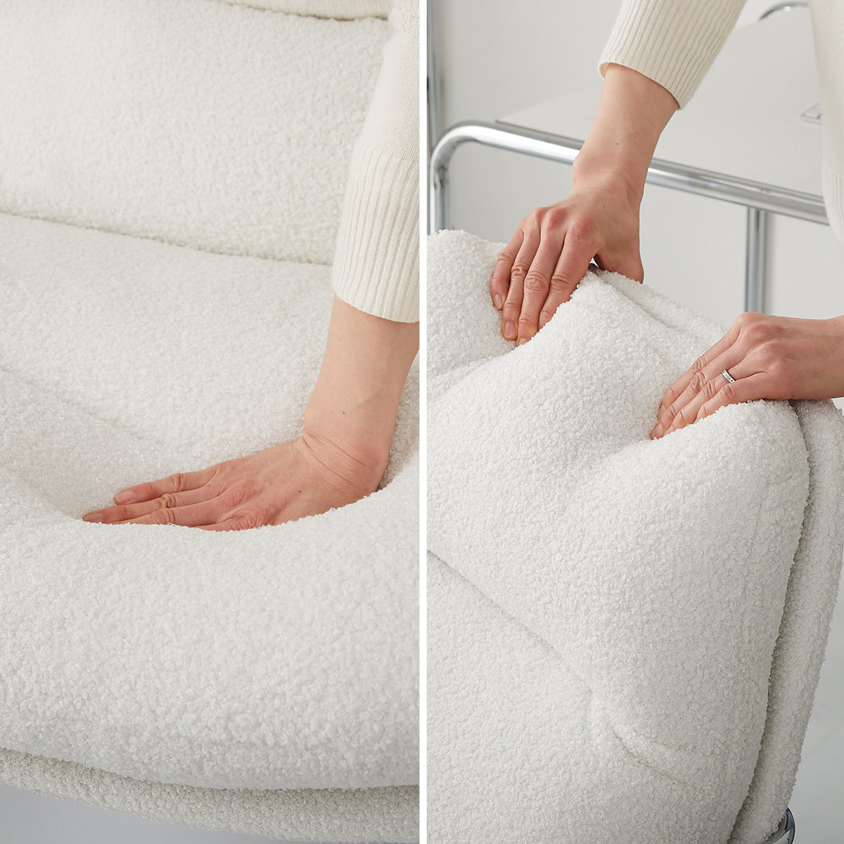 座面を手で押したり、背もたれをギュッと掴んでいる様子